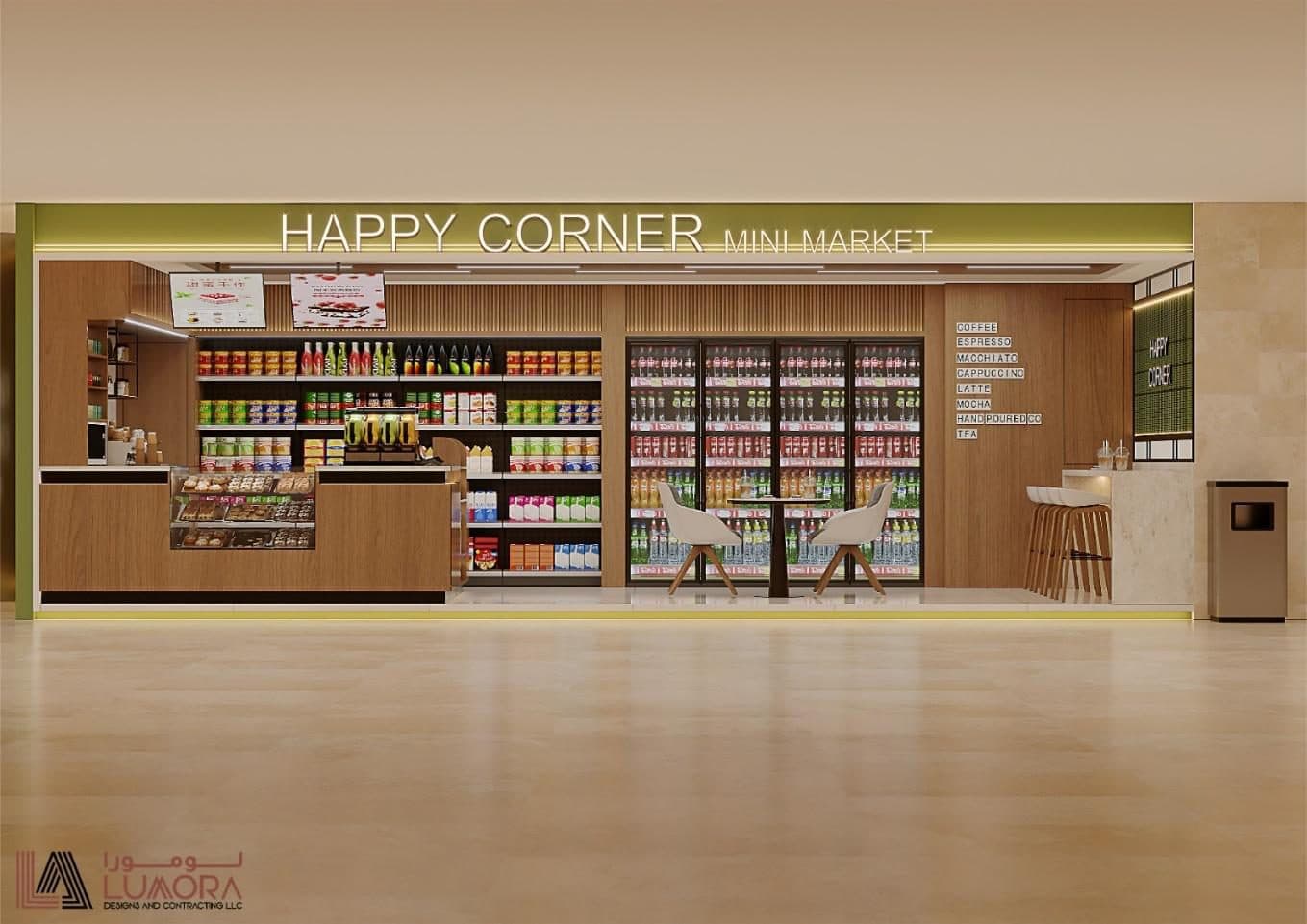 Happy Corner Mini Mart — retail interior render, Yas Mall